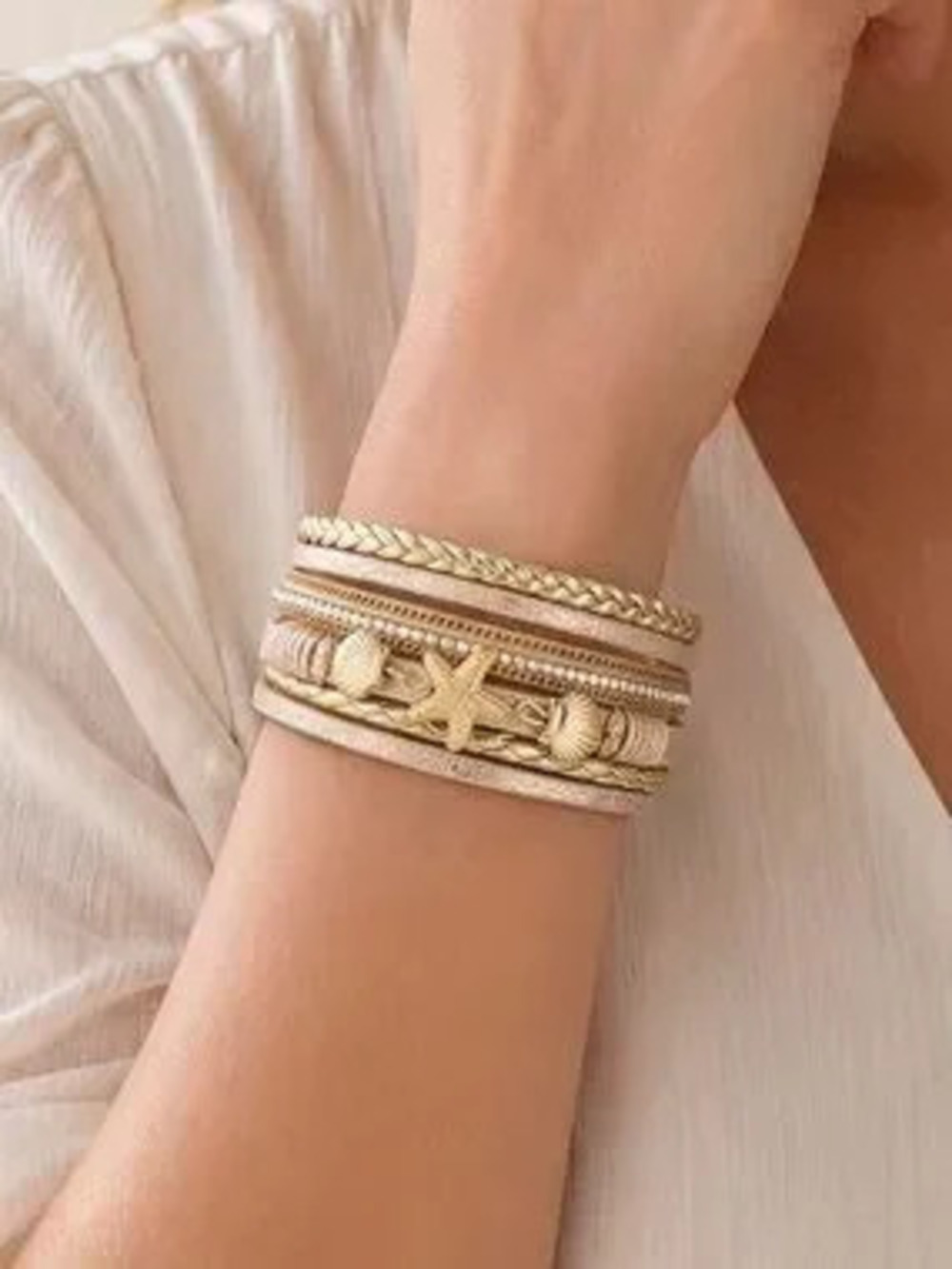 Anthropologie Gold and Blush Shell & Starfish Wrap Bracelet